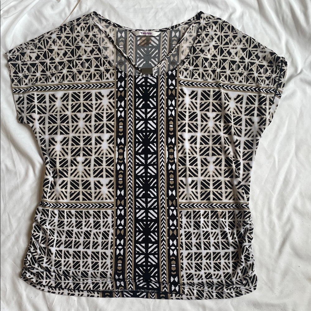 Geometric Black Cream Ruched Side Short Sleeve Top S